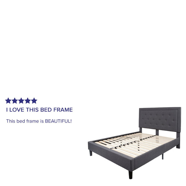 English Elm Roxbury Full Size Tufted Upholstered Platform Bed with Modern Design and Sturdy Support System Dark Gray In Stock. Usually ships in 24 - 48 business hours SL-BK5-Q-DG-GG