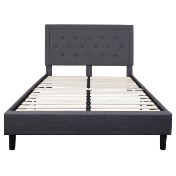 English Elm Roxbury Full Size Tufted Upholstered Platform Bed with Modern Design and Sturdy Support System Dark Gray In Stock. Usually ships in 24 - 48 business hours SL-BK5-Q-DG-GG