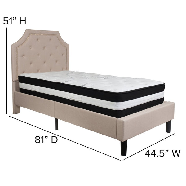 English Elm Brighton Twin Size Tufted Upholstered Platform Bed & Pocket Spring Mattress for Elegant Comfort Beige SL-BM-1-GG