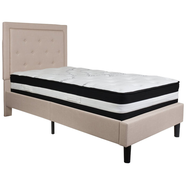 English Elm Roxbury Twin Size Tufted Upholstered Platform Bed with Pocket Spring Mattress for Ultimate Comfort Beige SL-BM-17-GG