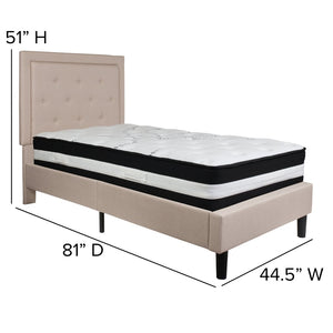 English Elm Roxbury Twin Size Tufted Upholstered Platform Bed with Pocket Spring Mattress for Ultimate Comfort Beige SL-BM-17-GG