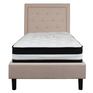 English Elm Roxbury Twin Size Tufted Upholstered Platform Bed with Pocket Spring Mattress for Ultimate Comfort Beige SL-BM-17-GG