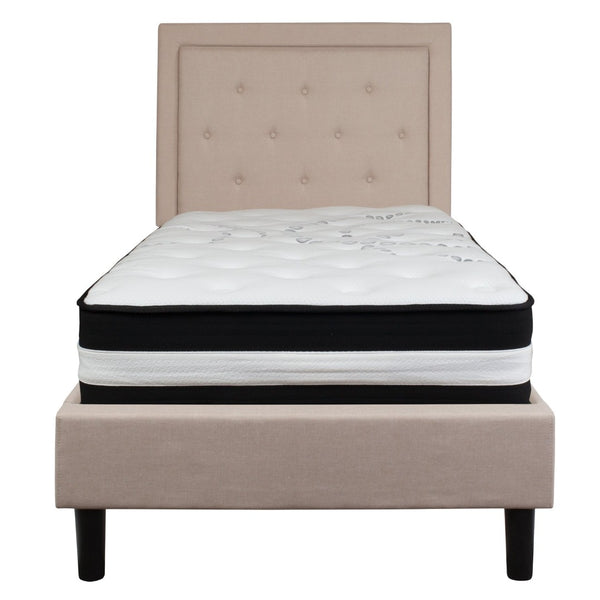 English Elm Roxbury Twin Size Tufted Upholstered Platform Bed with Pocket Spring Mattress for Ultimate Comfort Beige SL-BM-17-GG