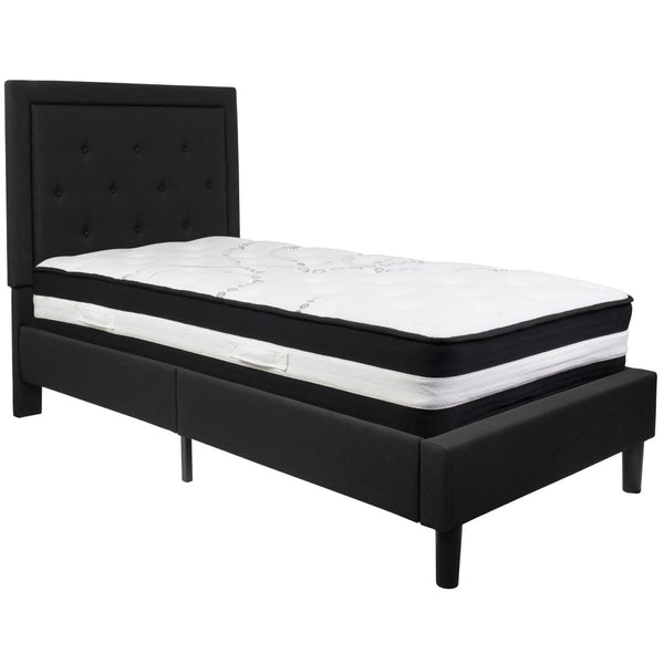 English Elm Roxbury Twin Size Tufted Upholstered Platform Bed with Pocket Spring Mattress for Ultimate Comfort Black SL-BM-21-GG