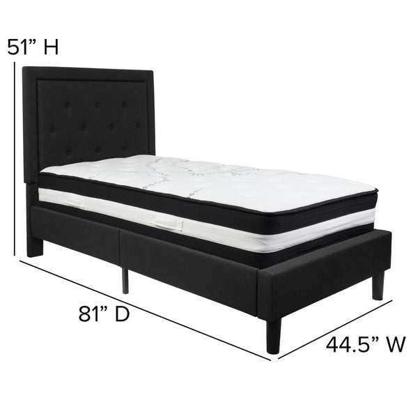 English Elm Roxbury Twin Size Tufted Upholstered Platform Bed with Pocket Spring Mattress for Ultimate Comfort Black SL-BM-21-GG