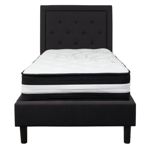 English Elm Roxbury Twin Size Tufted Upholstered Platform Bed with Pocket Spring Mattress for Ultimate Comfort Black SL-BM-21-GG