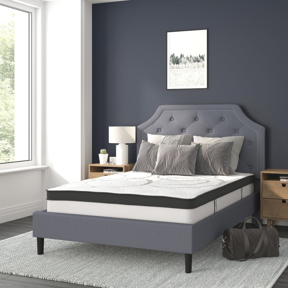 English Elm Brighton Full Size Tufted Upholstered Platform Bed with Pocket Spring Mattress for Modern Comfort Light Gray In Stock. Usually ships in 24 - 48 business hours SL-BM10-10-GG