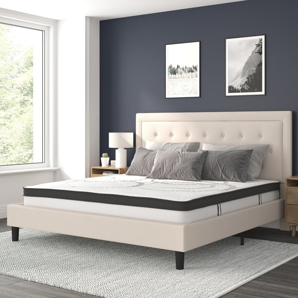English Elm Roxbury Full Size Tufted Upholstered Platform Bed with 10" Pocket Spring Mattress for Ultimate Comfort Beige In Stock. Usually ships in 24 - 48 business hours SL-BM10-20-GG