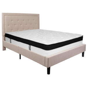 English Elm Roxbury Queen Size Tufted Upholstered Platform Bed with Hybrid Memory Foam Mattress for Comfort Beige SL-BMF-19-GG