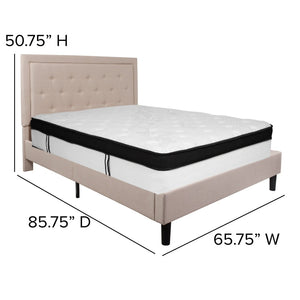 English Elm Roxbury Queen Size Tufted Upholstered Platform Bed with Hybrid Memory Foam Mattress for Comfort Beige SL-BMF-19-GG