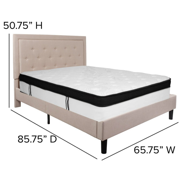 English Elm Roxbury Queen Size Tufted Upholstered Platform Bed with Hybrid Memory Foam Mattress for Comfort Beige SL-BMF-19-GG