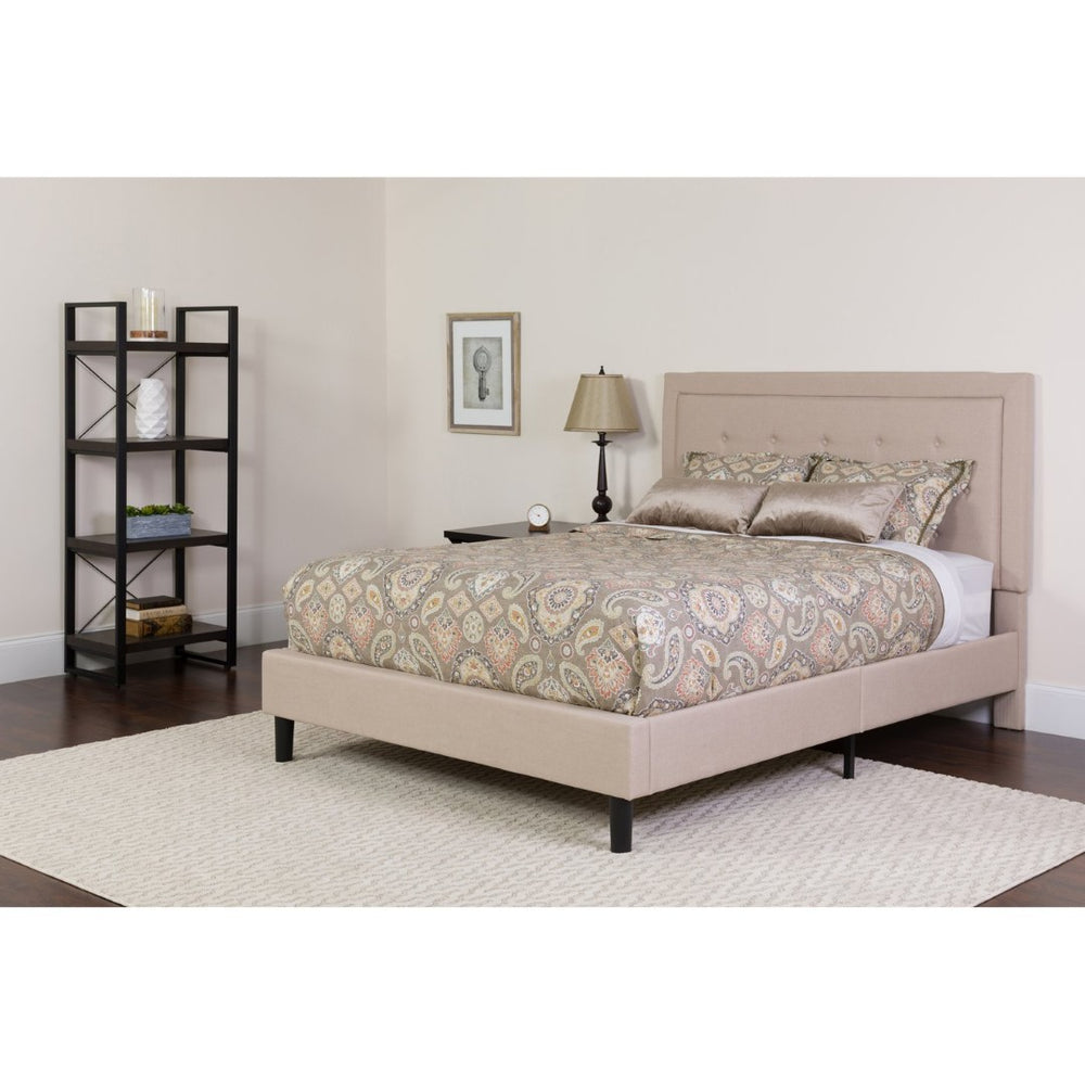 English Elm Roxbury Queen Size Tufted Upholstered Platform Bed with Hybrid Memory Foam Mattress for Comfort Beige SL-BMF-19-GG