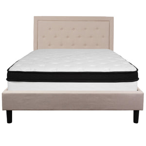 English Elm Roxbury Queen Size Tufted Upholstered Platform Bed with Hybrid Memory Foam Mattress for Comfort Beige SL-BMF-19-GG
