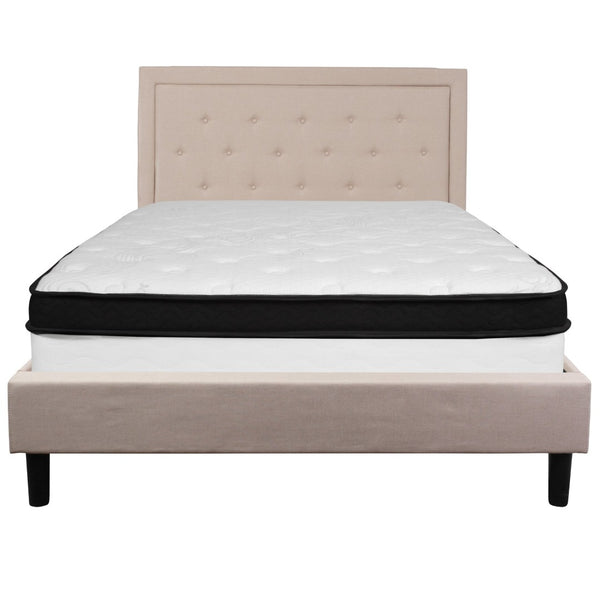 English Elm Roxbury Queen Size Tufted Upholstered Platform Bed with Hybrid Memory Foam Mattress for Comfort Beige SL-BMF-19-GG