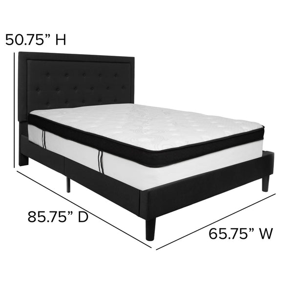 English Elm Roxbury Queen Size Tufted Upholstered Platform Bed with Hybrid Memory Foam Mattress for Comfort Black SL-BMF-23-GG