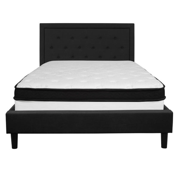 English Elm Roxbury Queen Size Tufted Upholstered Platform Bed with Hybrid Memory Foam Mattress for Comfort Black SL-BMF-23-GG