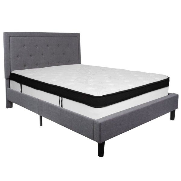 English Elm Roxbury Queen Size Tufted Upholstered Platform Bed with Hybrid Memory Foam Mattress for Comfort Light Gray SL-BMF-27-GG