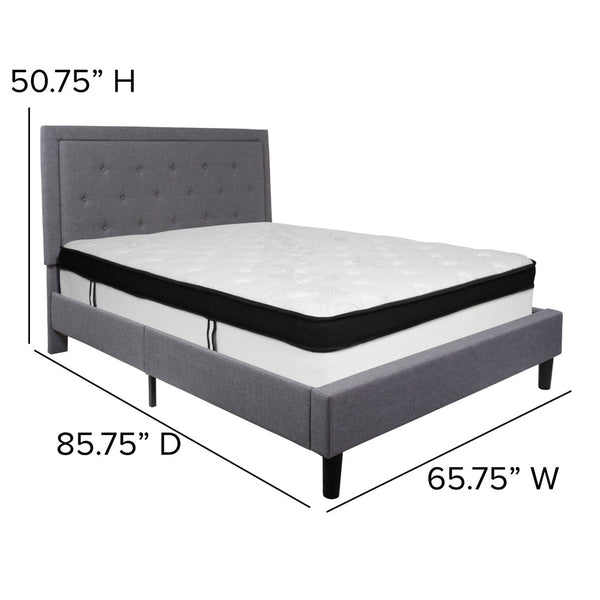 English Elm Roxbury Queen Size Tufted Upholstered Platform Bed with Hybrid Memory Foam Mattress for Comfort Light Gray SL-BMF-27-GG