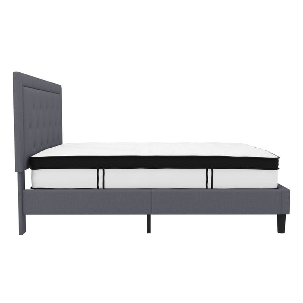 English Elm Roxbury Queen Size Tufted Upholstered Platform Bed with Hybrid Memory Foam Mattress for Comfort Light Gray SL-BMF-27-GG