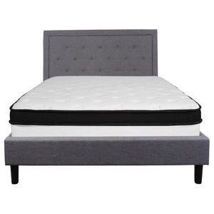 English Elm Roxbury Queen Size Tufted Upholstered Platform Bed with Hybrid Memory Foam Mattress for Comfort Light Gray SL-BMF-27-GG