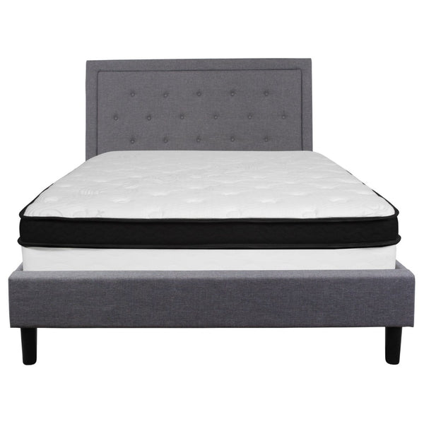 English Elm Roxbury Queen Size Tufted Upholstered Platform Bed with Hybrid Memory Foam Mattress for Comfort Light Gray SL-BMF-27-GG