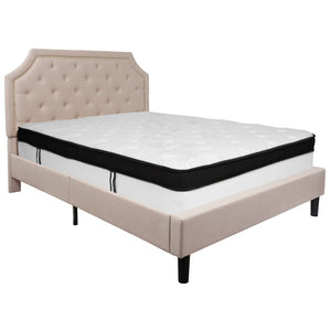 English Elm Brighton Queen Size Upholstered Platform Bed Set with Stylish Tufted Headboard & Hybrid Mattress Beige SL-BMF-3-GG