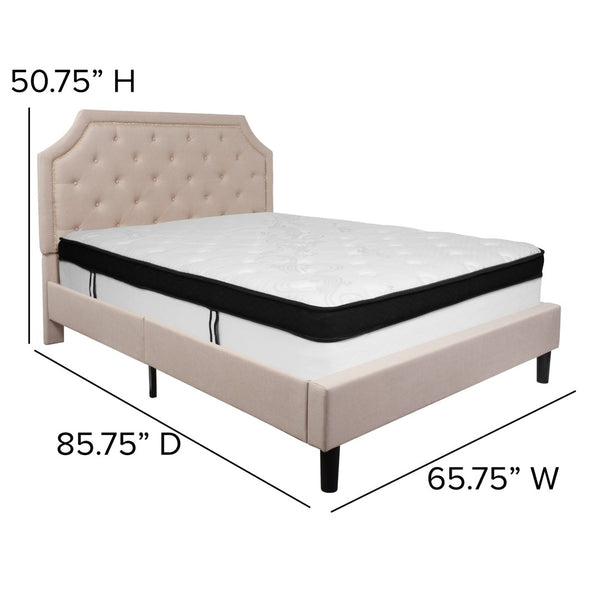 English Elm Brighton Queen Size Upholstered Platform Bed Set with Stylish Tufted Headboard & Hybrid Mattress Beige SL-BMF-3-GG