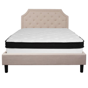English Elm Brighton Queen Size Upholstered Platform Bed Set with Stylish Tufted Headboard & Hybrid Mattress Beige SL-BMF-3-GG