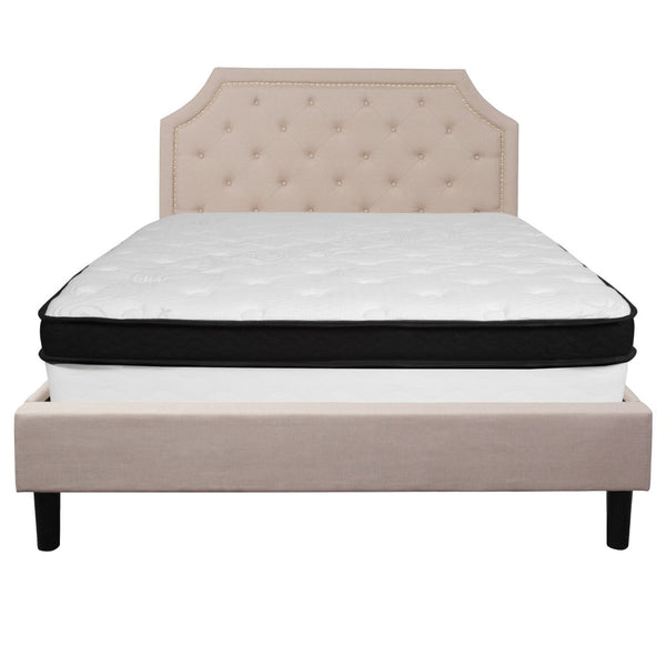 English Elm Brighton Queen Size Upholstered Platform Bed Set with Stylish Tufted Headboard & Hybrid Mattress Beige SL-BMF-3-GG