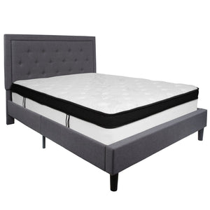 English Elm Roxbury Queen Size Tufted Upholstered Platform Bed with Hybrid Memory Foam Mattress for Comfort Dark Gray SL-BMF-31-GG