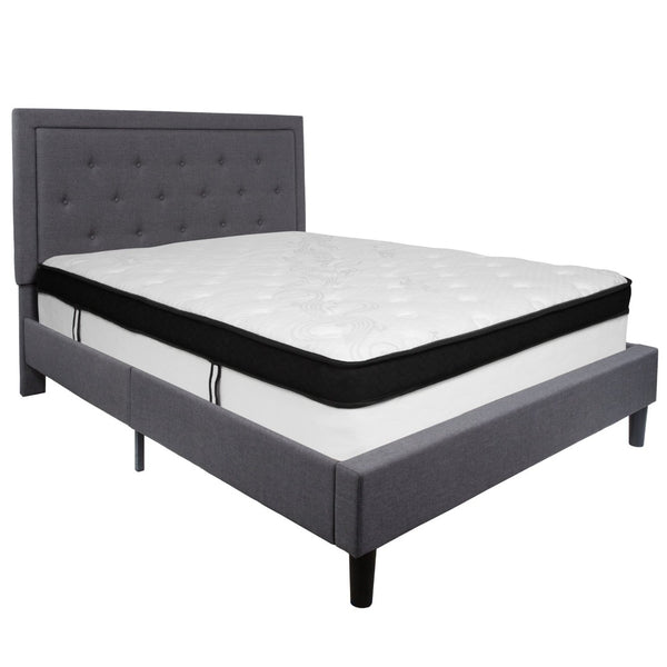 English Elm Roxbury Queen Size Tufted Upholstered Platform Bed with Hybrid Memory Foam Mattress for Comfort Dark Gray SL-BMF-31-GG