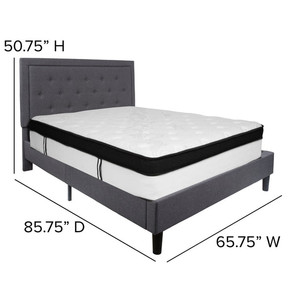 English Elm Roxbury Queen Size Tufted Upholstered Platform Bed with Hybrid Memory Foam Mattress for Comfort Dark Gray SL-BMF-31-GG