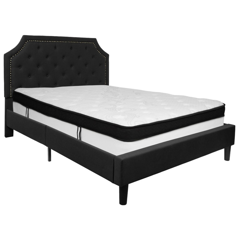 English Elm Brighton Queen Size Upholstered Platform Bed Set with Stylish Tufted Headboard & Hybrid Mattress Black SL-BMF-7-GG