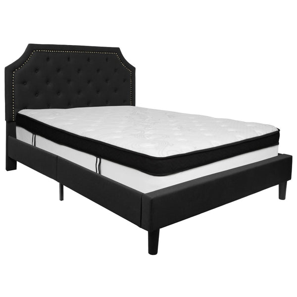 English Elm Brighton Queen Size Upholstered Platform Bed Set with Stylish Tufted Headboard & Hybrid Mattress Black SL-BMF-7-GG