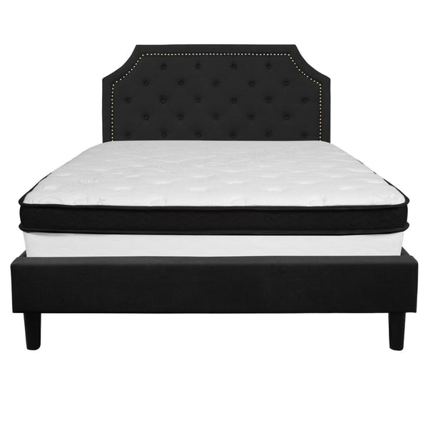 English Elm Brighton Queen Size Upholstered Platform Bed Set with Stylish Tufted Headboard & Hybrid Mattress Black SL-BMF-7-GG