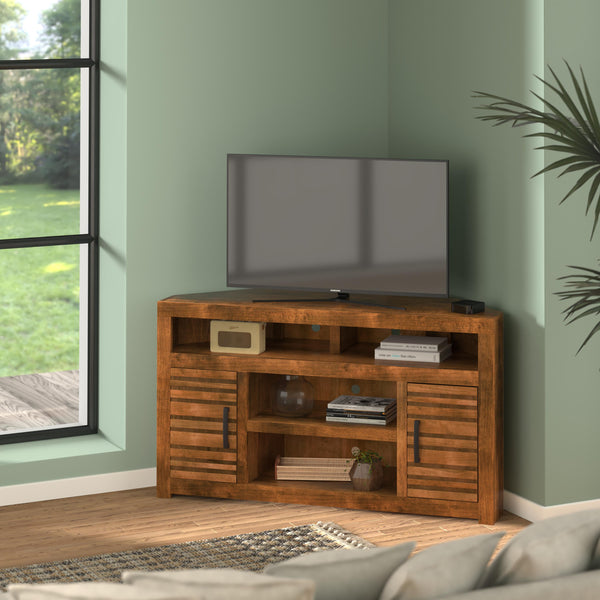 Legends Furniture Bridgevine Home Sausalito 52 Inch Corner Tv Stand Console For Tvs Up To 55 Inches, No Assembly Required, Whiskey Finish Golden Oak, Brown Knotty Alder Solids And Veneers Sl1211.Wky
