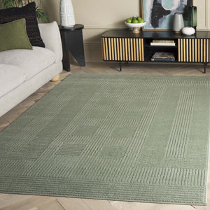Safavieh Selena Modern Round Green Rug With Geometric Motif, Low-Profile Durable Polypropylene For High-Traffic Homes 5'-3" x 5'-3" SLE686Y-5R