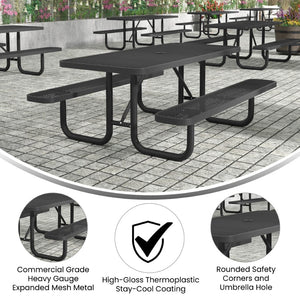 English Elm Mantilla 6' Rectangular Outdoor Picnic Table - Durable Steel Frame, Umbrella Hole, Easy Maintenance Black 61.75"W x 72.25"D x 29.5"H SLF-EML-72-BK-GG