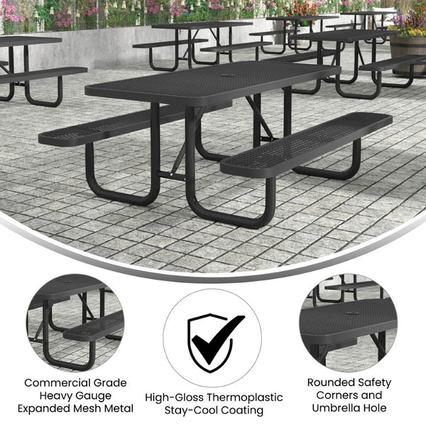 English Elm Mantilla 6' Rectangular Outdoor Picnic Table - Durable Steel Frame, Umbrella Hole, Easy Maintenance Black 61.75"W x 72.25"D x 29.5"H SLF-EML-72-BK-GG