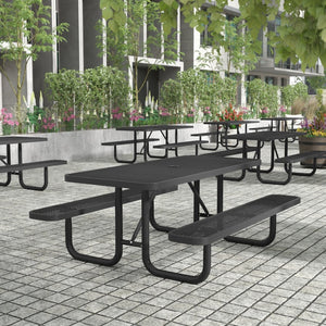 English Elm Mantilla 6' Rectangular Outdoor Picnic Table - Durable Steel Frame, Umbrella Hole, Easy Maintenance Black 61.75"W x 72.25"D x 29.5"H SLF-EML-72-BK-GG