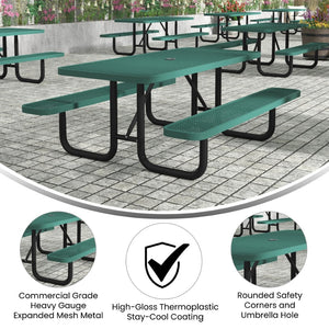 English Elm Mantilla 6' Rectangular Outdoor Picnic Table - Durable Steel Frame, Umbrella Hole, Easy Maintenance Green 61.75"W x 72.25"D x 29.5"H SLF-EML-72-GN-GG