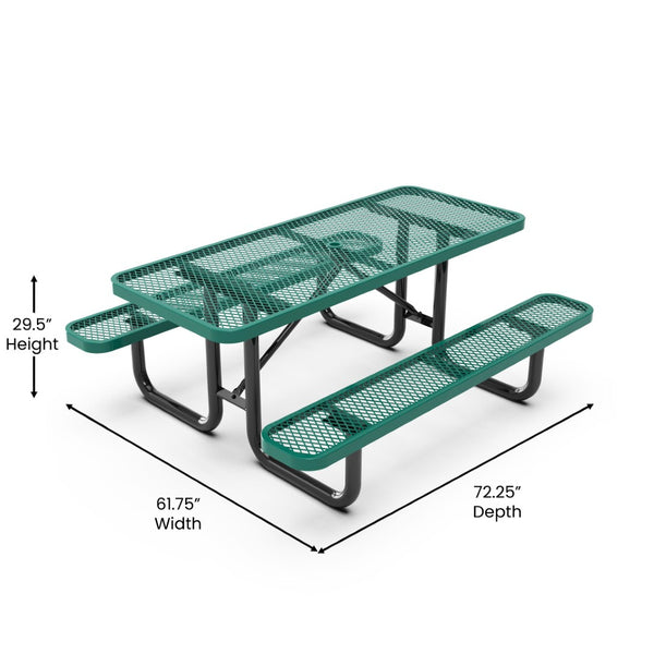 English Elm Mantilla 6' Rectangular Outdoor Picnic Table - Durable Steel Frame, Umbrella Hole, Easy Maintenance Green 61.75"W x 72.25"D x 29.5"H SLF-EML-72-GN-GG
