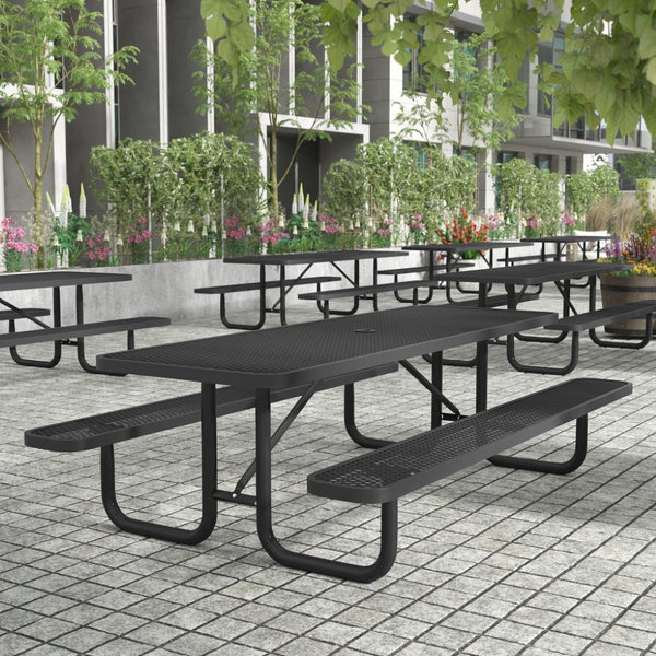 English Elm Mantilla 6' Rectangular Outdoor Picnic Table - Durable Steel Frame, Umbrella Hole, Easy Maintenance Black 57.5"W x 95.75"D x 30"H SLF-EML-96-BK-GG