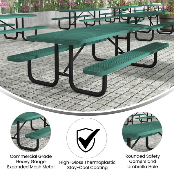 English Elm Mantilla 6' Rectangular Outdoor Picnic Table - Durable Steel Frame, Umbrella Hole, Easy Maintenance Green 57.5"W x 95.75"D x 30"H SLF-EML-96-GN-GG