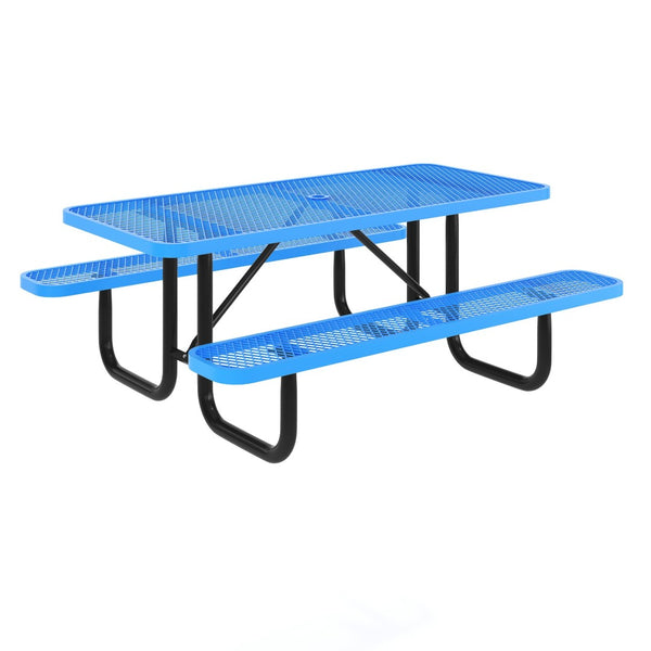 English Elm Mantilla 6' Rectangular Outdoor Picnic Table with Heavy-Duty Metal Mesh Top, Steel Frame & Anchors Blue 61.75"W x 72.25"D x 29.5"H SLF-EML72-H48L-BL-GG