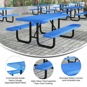 English Elm Mantilla 6' Rectangular Outdoor Picnic Table with Heavy-Duty Metal Mesh Top, Steel Frame & Anchors Blue 61.75"W x 72.25"D x 29.5"H SLF-EML72-H48L-BL-GG