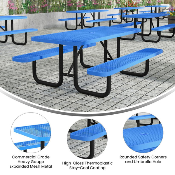 English Elm Mantilla 6' Rectangular Outdoor Picnic Table with Heavy-Duty Metal Mesh Top, Steel Frame & Anchors Blue 61.75"W x 72.25"D x 29.5"H SLF-EML72-H48L-BL-GG