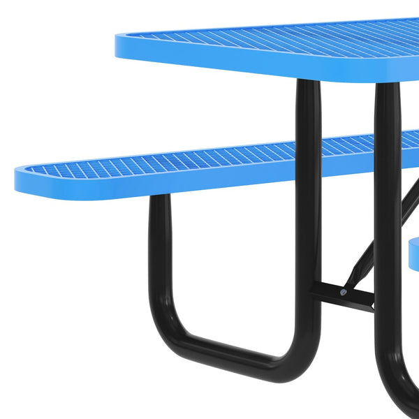 English Elm Mantilla 6' Rectangular Outdoor Picnic Table with Heavy-Duty Metal Mesh Top, Steel Frame & Anchors Blue 61.75"W x 72.25"D x 29.5"H SLF-EML72-H48L-BL-GG