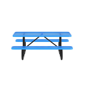 English Elm Mantilla 6' Rectangular Outdoor Picnic Table with Heavy-Duty Metal Mesh Top, Steel Frame & Anchors Blue 61.75"W x 72.25"D x 29.5"H SLF-EML72-H48L-BL-GG