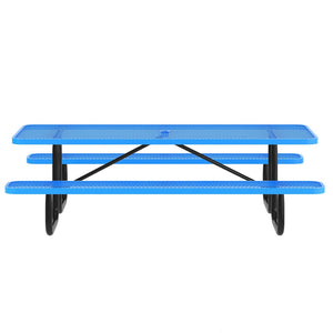 English Elm Mantilla 6' Rectangular Outdoor Picnic Table with Heavy-Duty Metal Mesh Top, Steel Frame & Anchors Blue 57.5"W x 95.75"D x 30"H SLF-EML96-H60L-BL-GG